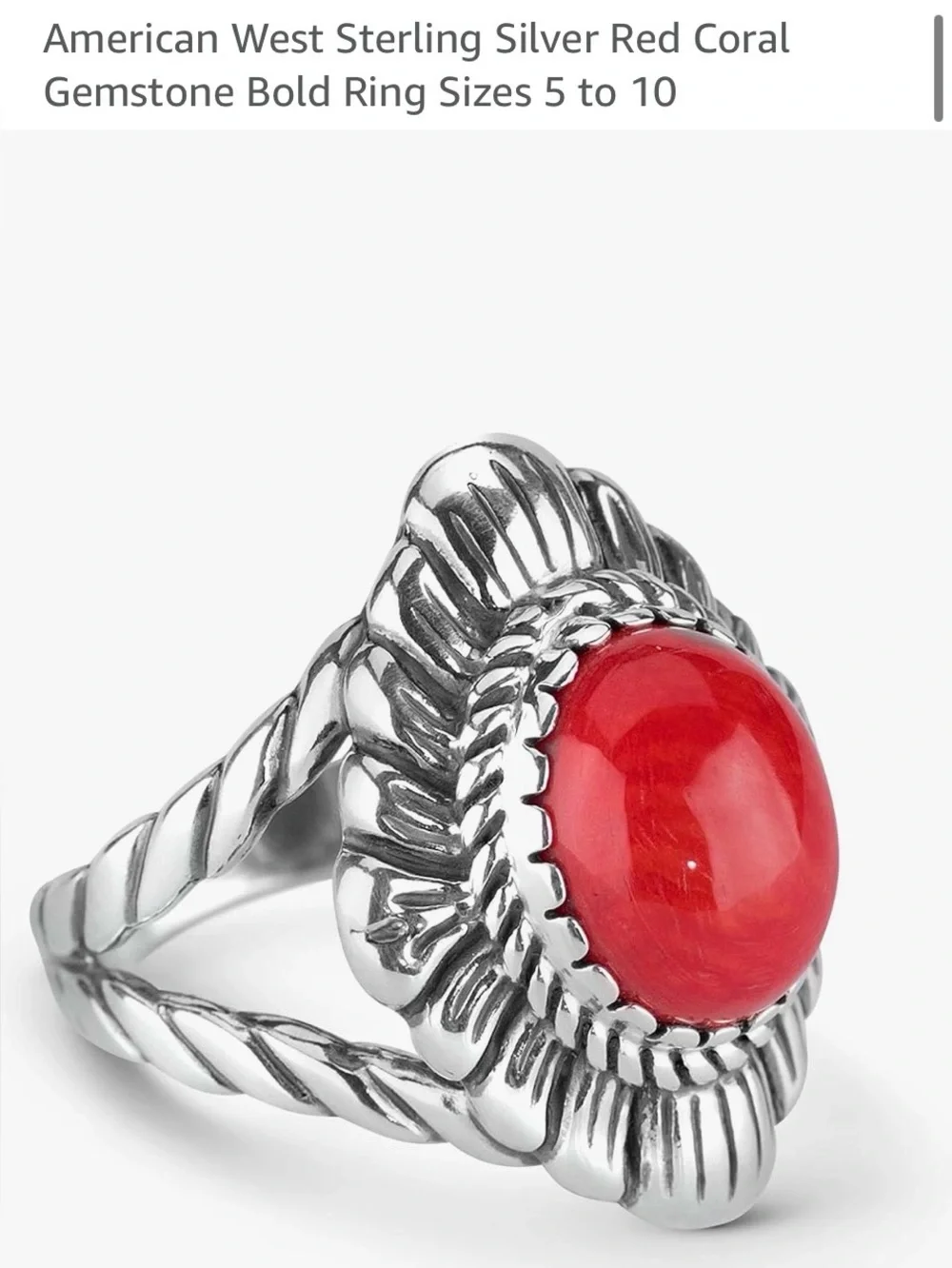 American West Silver-Tone Ring with Red coral Center - size 6-6.5
